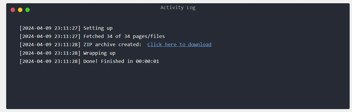 Simply Static download ZIP of generated static website
